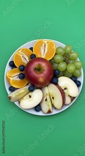 Fototapeta A colorful assortment of fresh sliced and whole fruits arranged on a white plate against a vibrant green background, showcasing a variety of textures and natural colors