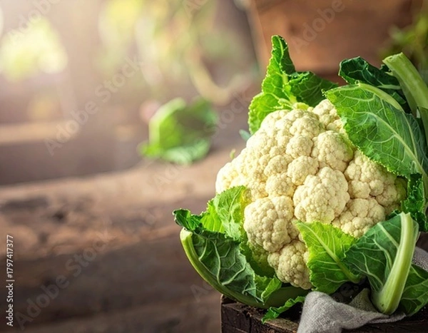 Fototapeta Fresh Cauliflower on Rustic Wooden Surface