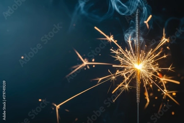 Fototapeta Glowing handheld sparkler with vibrant golden light and smoke creating a festive atmosphere happy new year theme