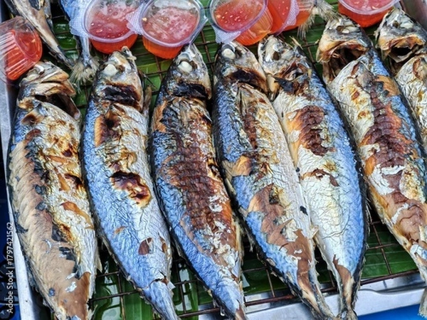 Fototapeta steamed mackerel display, fish market display