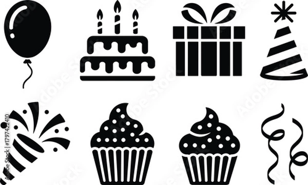 Obraz Birthday party icons set with cake, balloons, gifts, cupcakes, popper, hat, streamers in black silhouette vector styleBirthday party icons set with cake, 