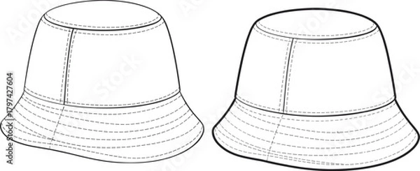 Obraz cad drawing flat vector illustration, bucket hat technical sketch, fashion design template, sewing pattern, apparel construction, headwear blueprint