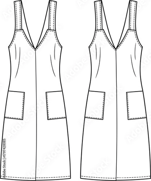 Obraz cad drawing flat vector illustration, sleeveless dress sketch, fashion design template, sewing pattern, garment construction, apparel blueprint, front back view