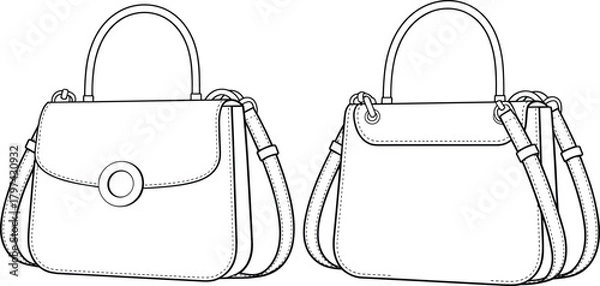 Obraz Elegant women’s handbag technical flat sketch, detailed CAD fashion bag vector illustration showing front and back view with handle design