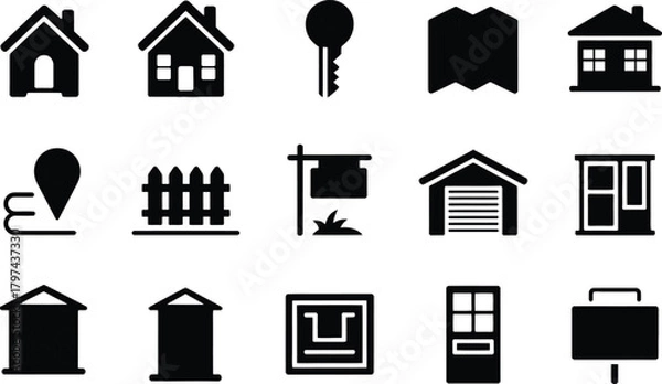 Fototapeta Real estate and property icons set in simple black design