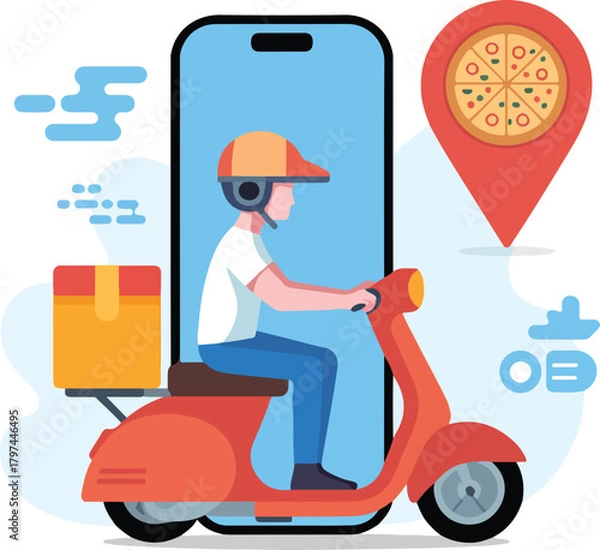 Fototapeta Pizza delivery scooter vector illustration with map location pin and gift box, fast courier service concept