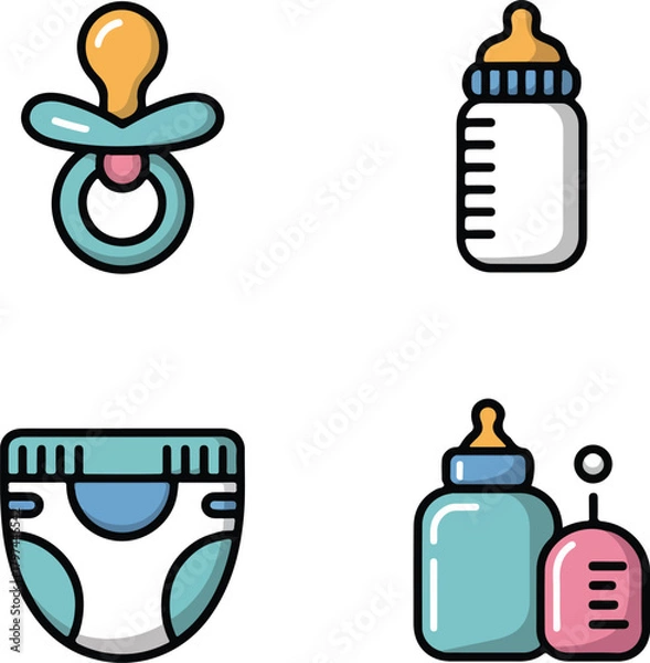 Fototapeta Cute baby care icons set with pacifier, milk bottle, and diaper, colorful newborn essentials vector illustration