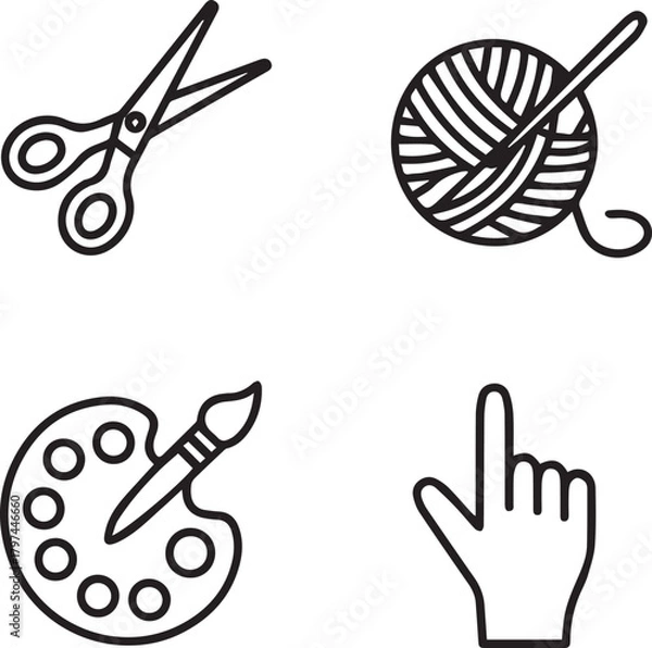 Obraz Creative art and craft tools line icons set with scissors, yarn, paint palette and hand pointer