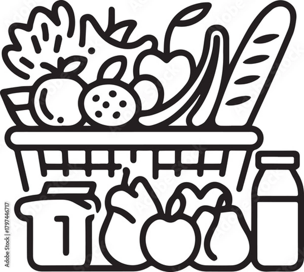 Obraz Grocery basket line illustration with fruits, vegetables, bread, and milk, healthy food shopping concept