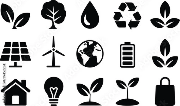 Fototapeta Collection of Black Eco Friendly Sustainable Resources and Symbols Concept