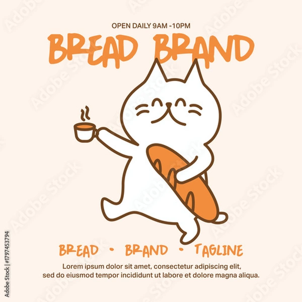 Obraz Delightful bakery illustration featuring cute cat mascot holding baguette and coffee cup. Hand-drawn design with warm colors for cafe branding and bakery packaging.