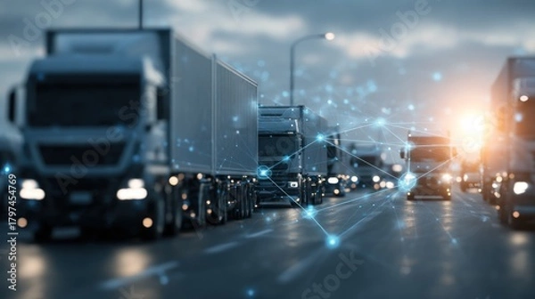 Fototapeta Highway lined with trucks, connected by a network, dusk setting in
