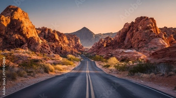 Fototapeta A desert road stretches through canyons and towards a mountain under an orange-toned sky