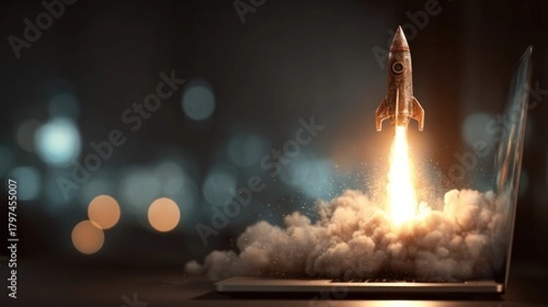 Fototapeta Rocketship launching from a laptop, representing a business or project taking off