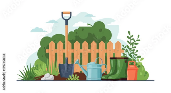 Fototapeta Garden tools including a shovel, watering can, and rubber boots in front of a wooden fence and lush greenery, symbolizing gardening and spring.