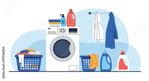 Fototapeta Modern home laundry room scene with an active washing machine, baskets full of clothes, and various detergent bottles on the shelf.