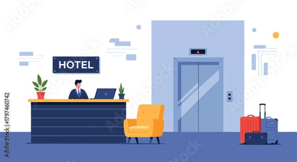 Fototapeta Hotel lobby interior with a reception desk, staff, elevator, and luggage, representing hospitality services and travel accommodation.