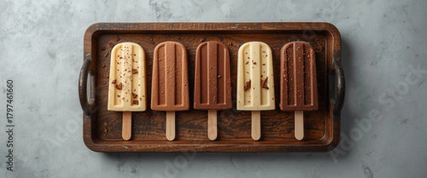 Fototapeta Photography of assorted ice cream flavors arranged neatly on a wooden tray. Gentle highlights, minimal styling, and balanced tone create elegant, high-quality presentation suitable