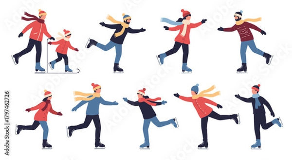 Fototapeta Diverse set of people, including families and individuals, enjoying ice skating in various playful and graceful poses on the winter rink.