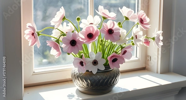 Obraz A display of anemones in metal urn, on a sunlit windowsill, captured depicted in pastel chalk