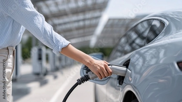 Obraz Woman's Hand Plugging Charging Cable into Electric Car Socket Outdoors