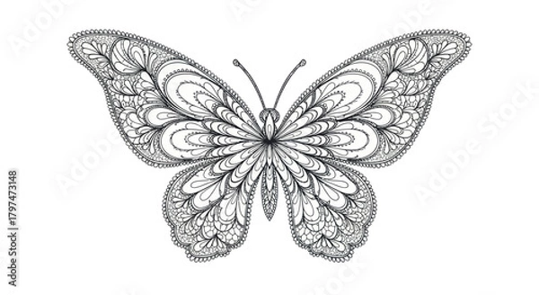 Fototapeta Intricate Black and White Butterfly Illustration with Detailed Wing Patterns.
