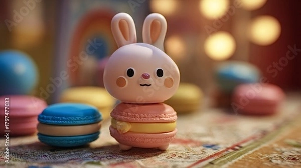 Obraz Cute bunny toy figurine crafted from pastel macarons sitting on a colorful whimsical patterned surface, surrounded by other bright sweet dessert models, creating a playful and decorative scene