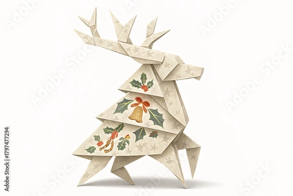 Fototapeta Mythical Origami Hybrid: Reindeer Tree with Holly and Bell Patterns