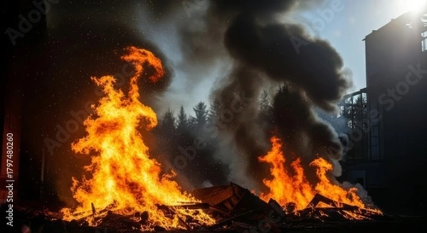 Fototapeta Intense Blaze Engulfs Structure with Heavy Smoke
