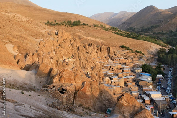 Obraz Panoramic view on houses in rocks in a valley in Candovan town in Iran. Looks like Turkish region of Cappadocia.