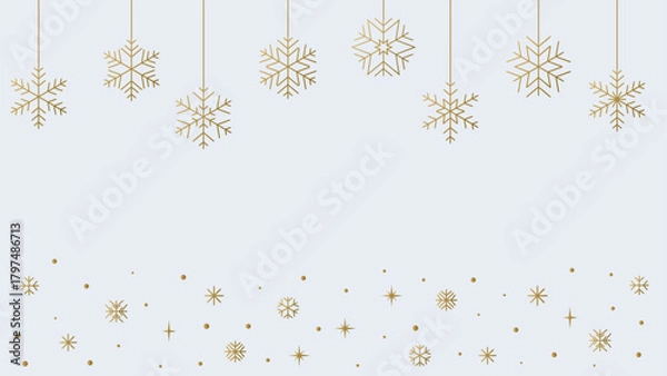 Fototapeta Golden snowflake background with hanging ornaments and falling sparkles, elegant winter holiday template for Christmas or New Year greeting card design