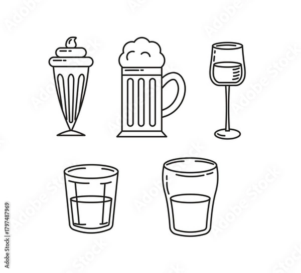 Obraz Outline Beverage Glassware Set for Menu Design. Line Art Vector Icons of Drinks, Beer, and Wine. Minimalist Restaurant and Bar Clipart Collection.