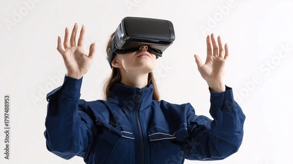 Obraz Female Engineer Wearing VR Headset Interacting with Virtual Interface