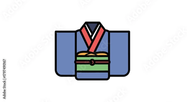 Obraz Stylized Blue Kimono with Red Collar and Green Obi.