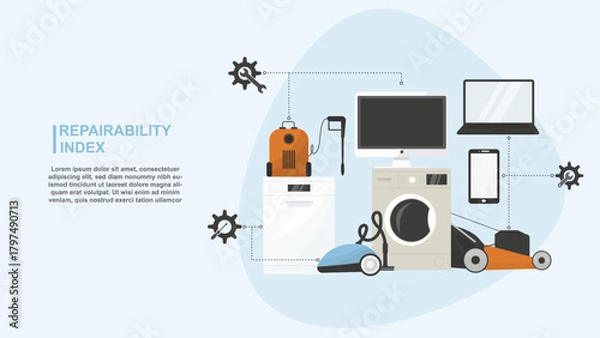 Fototapeta Appliance Repairability Index banner. household appliances and electronics featuring a repairability index theme, ideal for sustainability, technology, or educational concepts. Vector illustration