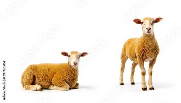 Fototapeta Two Sheep Resting and Standing on White Background