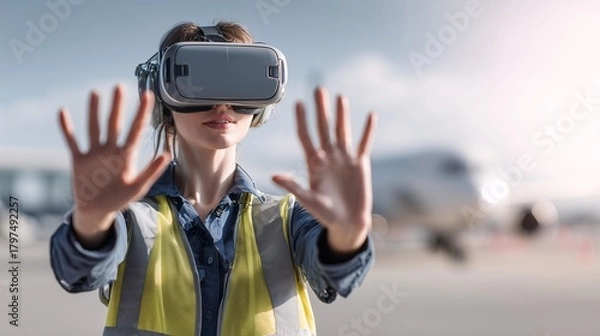 Obraz Engineer in Vest Using VR Headset at Airport Hangar with Aircraft
