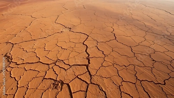 Obraz sudden. A cracked desert basin with grid lines, representing sudden ecological collapse. ESG reports, sustainability campaigns, designed for sustainability communications and ESG reporting.