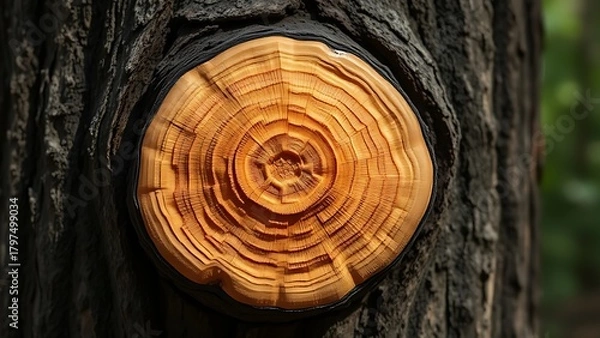 Obraz lignin. Close-up of a round burl growth on a tree trunk, textured dark brown bark in forest. gardening catalogs, home-decor guides, designed for gardening and botanical catalogs.