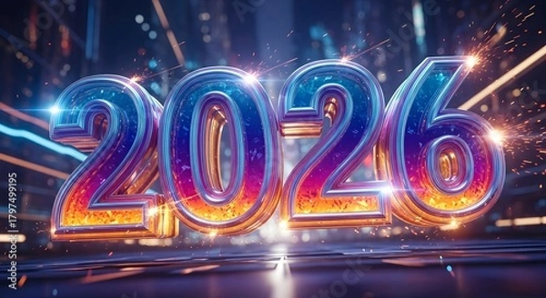 Fototapeta Happy New Year 2026 Celebration Greeting Card Festive Holiday Background with Sparkling Party Design