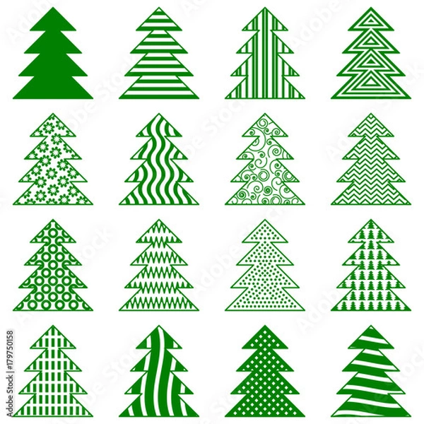 Fototapeta Christmas Trees Set, Green Pictogram Isolated on White Background, Winter Holiday Symbols. Vector