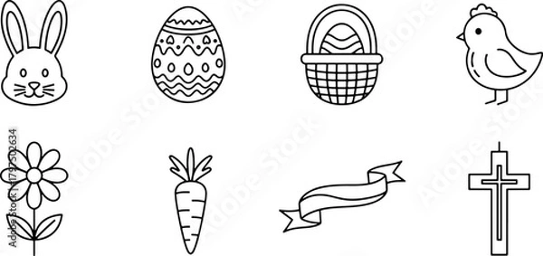 Obraz Delightful Easter icons featuring a bunny, decorated egg, basket, chick, flower, carrot, banner, and cross; perfect for spring holiday designs