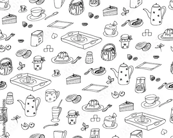 Fototapeta Hand-drawn vector wallpaper of breakfast ingredients and snacks, isolated on a white background - doodle seamless