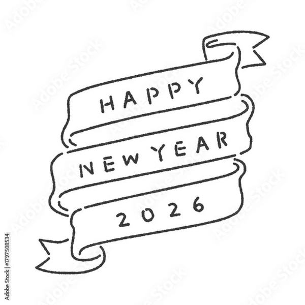 Obraz 手書きのhappy new year 2026の文字とリボンの黒い線画 - 新年の賀詞と西暦の装飾