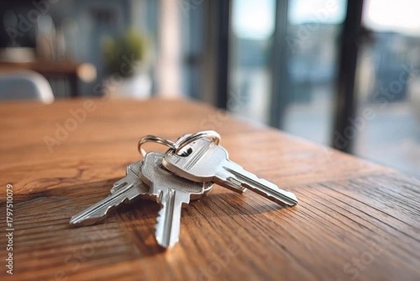 Fototapeta close-up set of shiny keys is placed on a smooth wooden table. Natural light fills the bright room, highlighting details of the keys and the texture of the wood