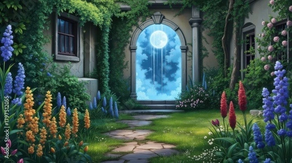 Fototapeta Enchanted Garden Path Leading to a Mystical Moonlit Archway.