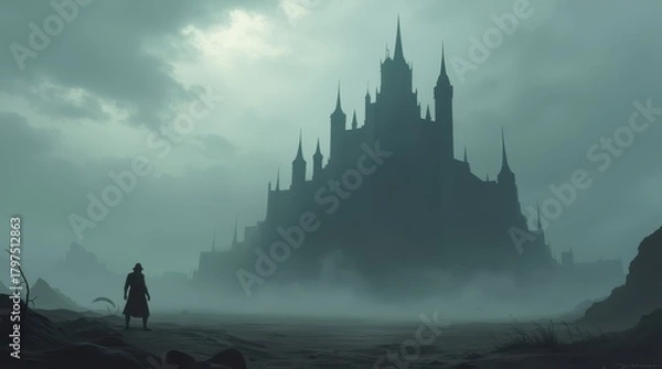 Fototapeta Mysterious Castle in Foggy Landscape with Lone Figure.