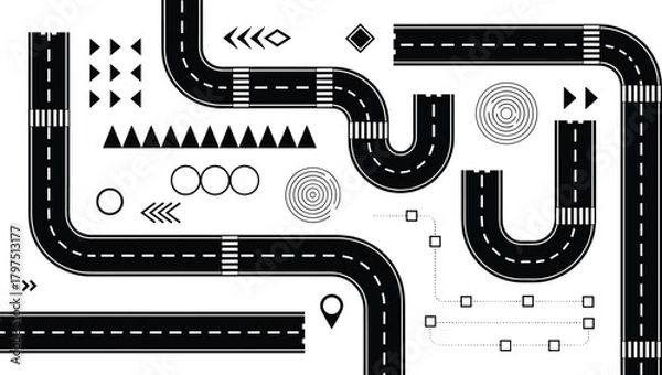 Fototapeta Abstract road network schematic, lanes, dashed markings, navigation symbols, flowchart elements, logistics mapping, route planning, cad drawing flat vector illustration