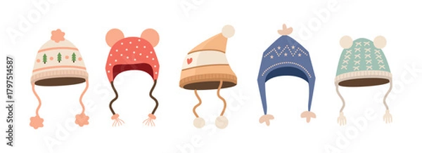 Fototapeta Set of Cozy Winter Hats with Pom Poms and Ear Flaps. Soft Wooly Knit Hat. Collection of winter hat.