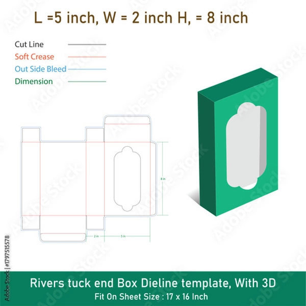 Fototapeta Rivers tuck end display box dieline template, With 3D Box, Vector File